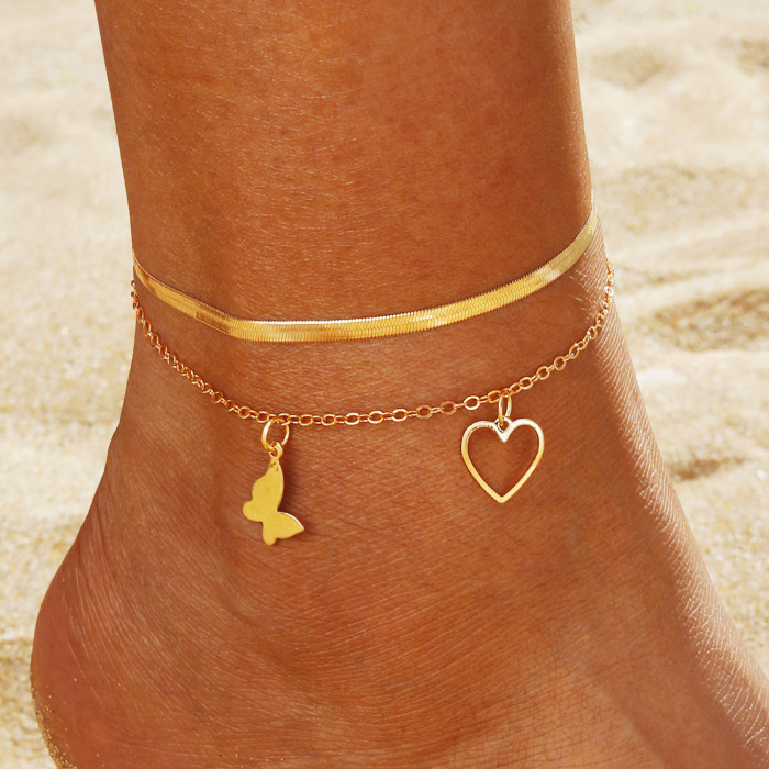 New Inlaid Butterfly Heart LOVE Anklet Fashion High-End Trendy Anklet Set Accessories for Women