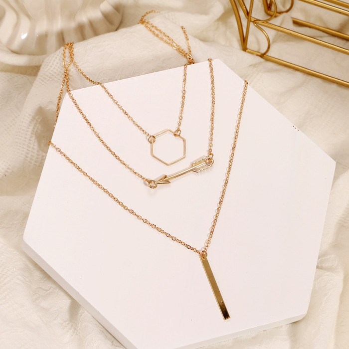 Korean Jewelry Retro Round Ring Bronze Bead Multi-Layer Geometric Hexagon Circle Arrow Necklace