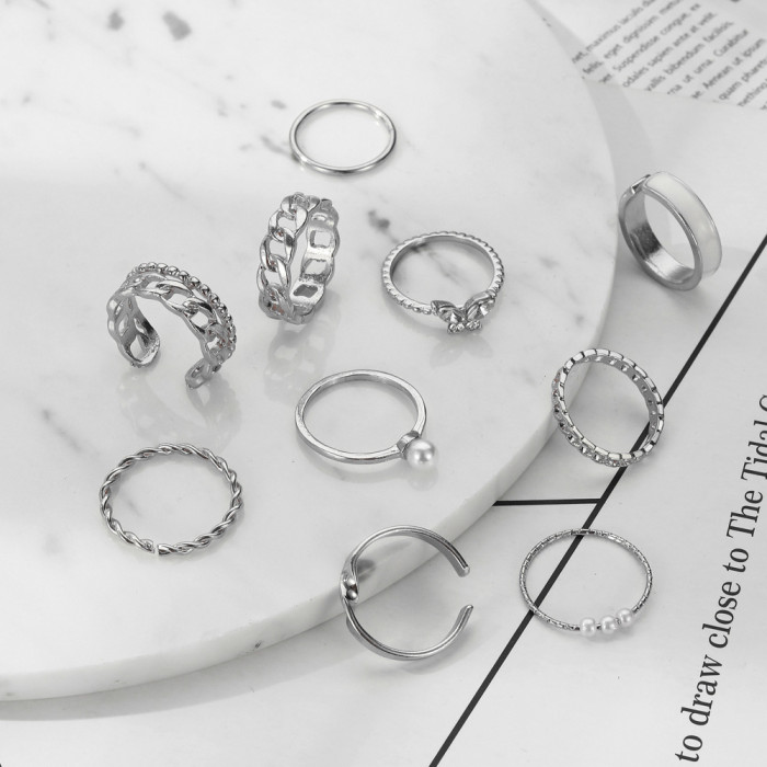 Cross-Border Hot-Selling Pearl Ring Fashionable Personality Butterfly Combination Ten-Piece Set Open Double Layer Chain Ring Wholesale