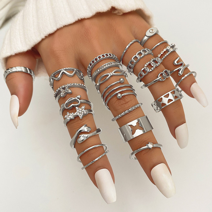New Simple Colorful Gemstone Ring Artistic Retro Butterfly Snake-Shaped Ring 30-Piece Set Combination