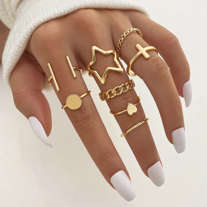 Cross-Border Hot Selling Diamond-Studded Eye Cross Leaf Ring Multi-Joint 23-Piece Set Pearl Sun Moon Ring