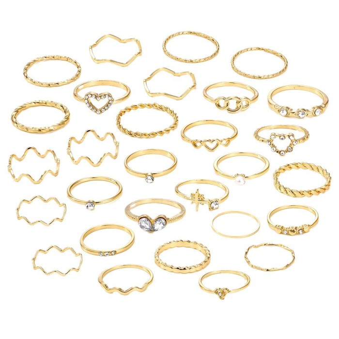 Hot Selling Simple Rhinestone Wave Love Ring 28-Piece Gold Joint Alloy Ring Set Bracelet for Women
