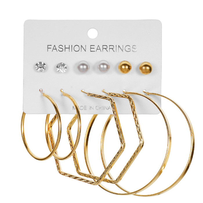 New Metal Hoop Earrings Set 6 Pieces Vintage Pearl Diamond Hoop Earrings European and American High-end Earrings with a Sense of Sophistication