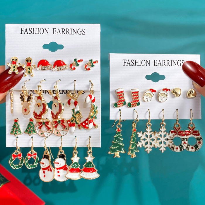 Christmas Series Snowflake Bell Earrings Combination Suit Foreign Trade Hot Selling Cartoon Dripping Elk Elderly Earrings for Women