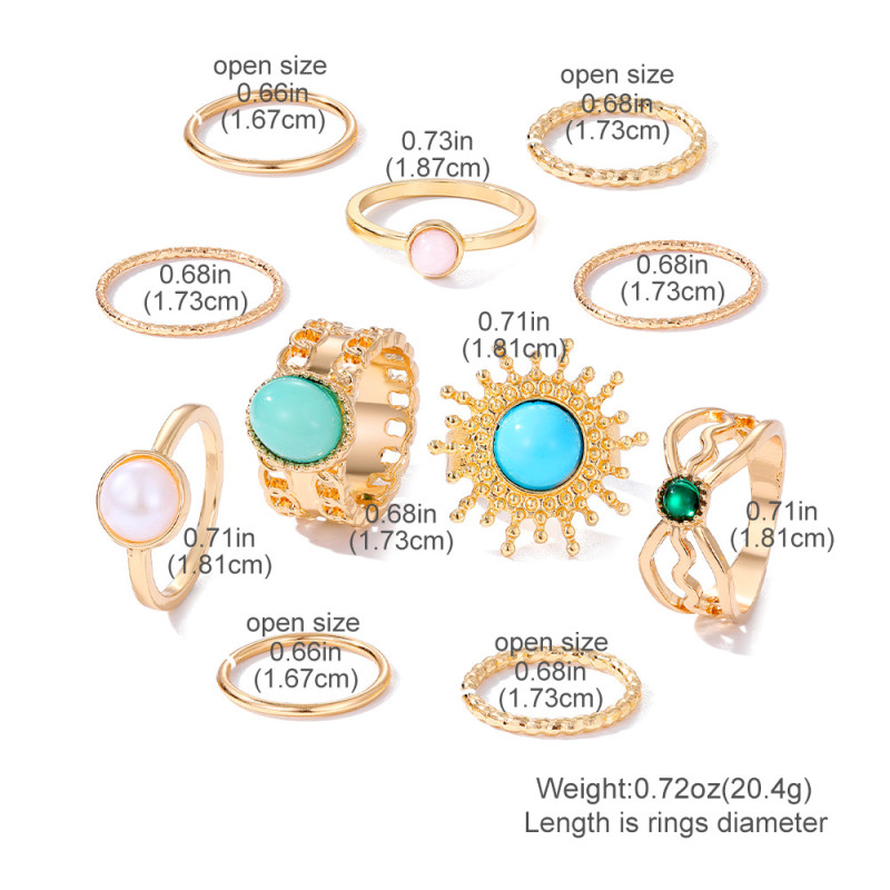 Vintage European and American Round Geometric Emerald Gemstone Colorful Natural Stone Metal Ring KC Gold Plated Ring Set