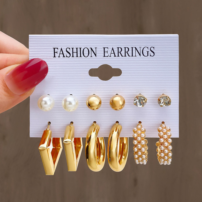 Alloy Cross-Border New Geometric Circle Pearl Women's Earrings Set Pearl Butterfly Exaggerated Twisted Earrings 6 Pairs Set