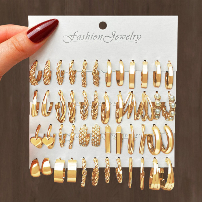 European and American New Style Alloy Hoop Earrings Square Geometric Earrings Earring Set Combination Ins Style Earrings Set