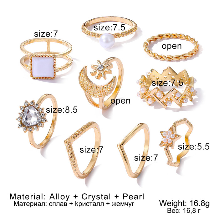 Cross-Border New Fashion Creative Flower Alloy Joint Ring Set Geometric Plain Ring Multi-Piece Set for Women
