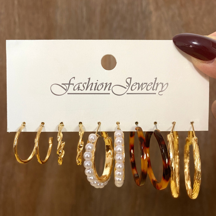 European and American Cross-Border Inlaid Pearl Women's Card Earrings Creative French Retro Gold Hoop Earrings Set of 6