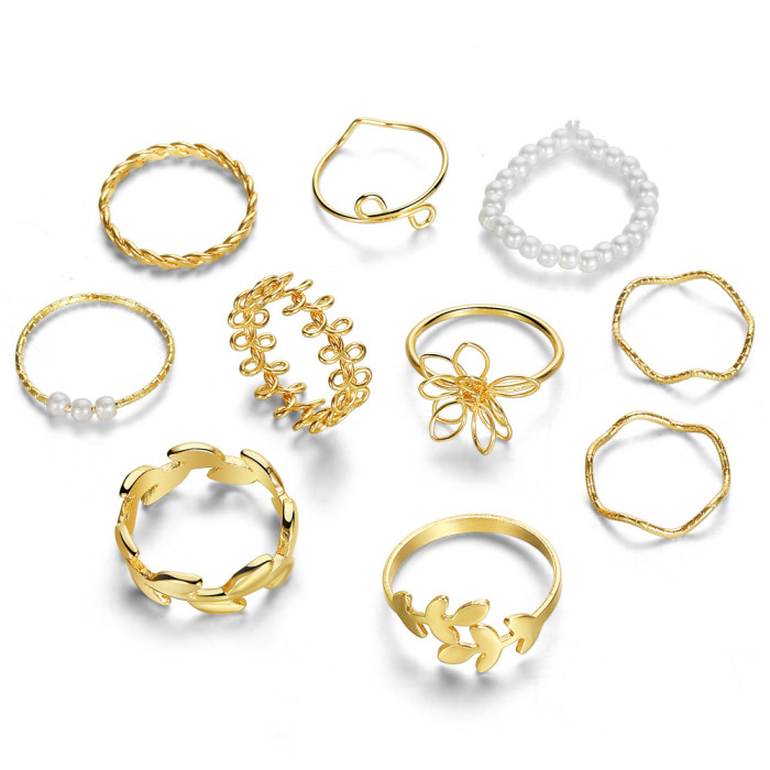 Creative Personality Geometric Metal Style Stackable Joint Rings Cross-Border New European and American Style Alloy Rings 10-Piece Set