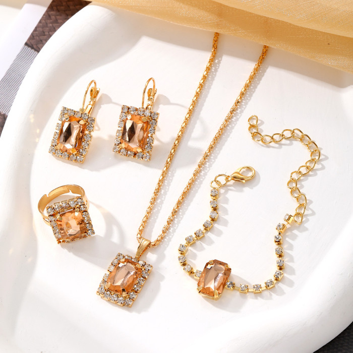 European and American New Style Square Diamond Jewelry Set Fashion Colorful Rhinestone Necklace Earrings Ring Bracelet Set Bridal Accessories