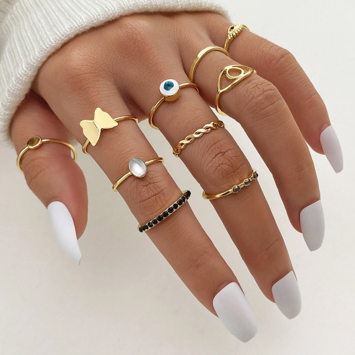 Cross-Border Hot Selling Diamond-Studded Eye Cross Leaf Ring Multi-Joint 23-Piece Set Pearl Sun Moon Ring