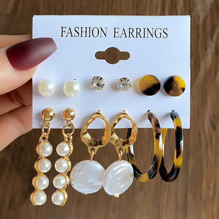Cross-Border New Vintage C-Shaped Earrings Set 6 Pairs Creative Personality Oil Drop Leopard Print Earrings Heart Butterfly Earrings