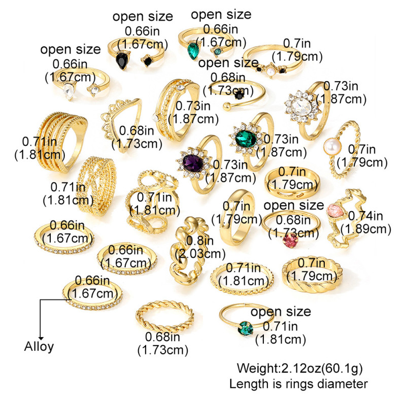 European and American Cross-Border New Simple Colorful Gemstone Ring Artistic Retro Butterfly Snake-Shaped Ring 30-Piece Set Combination