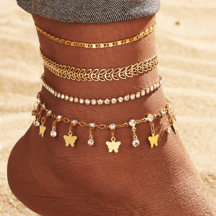 Retro Multi-Layer Butterfly Star Fishbone Chain Anklet for Women, Niche Exotic Style Tassel Anklet Set for Women, Nec...