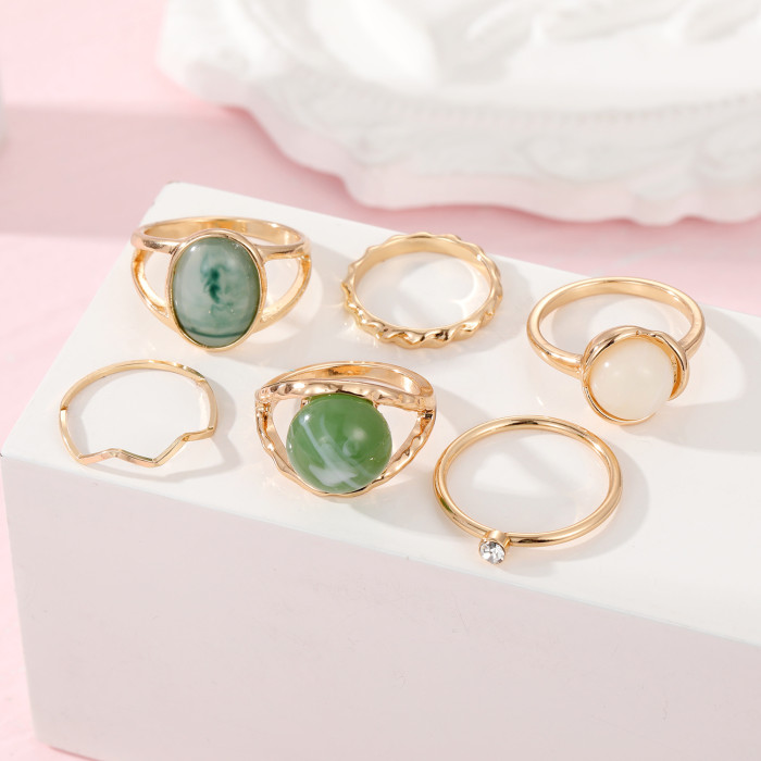 Cross-Border Geometric Imitation Green Jade Stone Joint Ring 6-Piece Set Rings for Women Design Sense Niche Minimalist Diamond-Studded Rings Wholesale