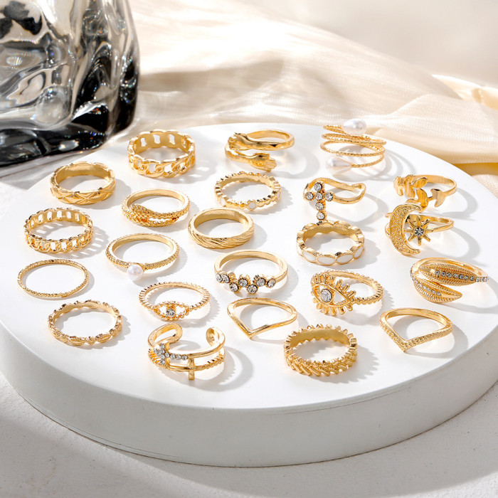 Cross-Border Hot Selling Diamond-Studded Eye Cross Leaf Ring Multi-Joint 23-Piece Set Pearl Sun Moon Ring