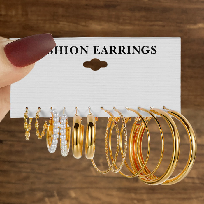 European and American Cross-Border New Style Inlaid Pearl Women's Earrings Creative French Retro Gold Hoop Earrings Set of 6 Pieces