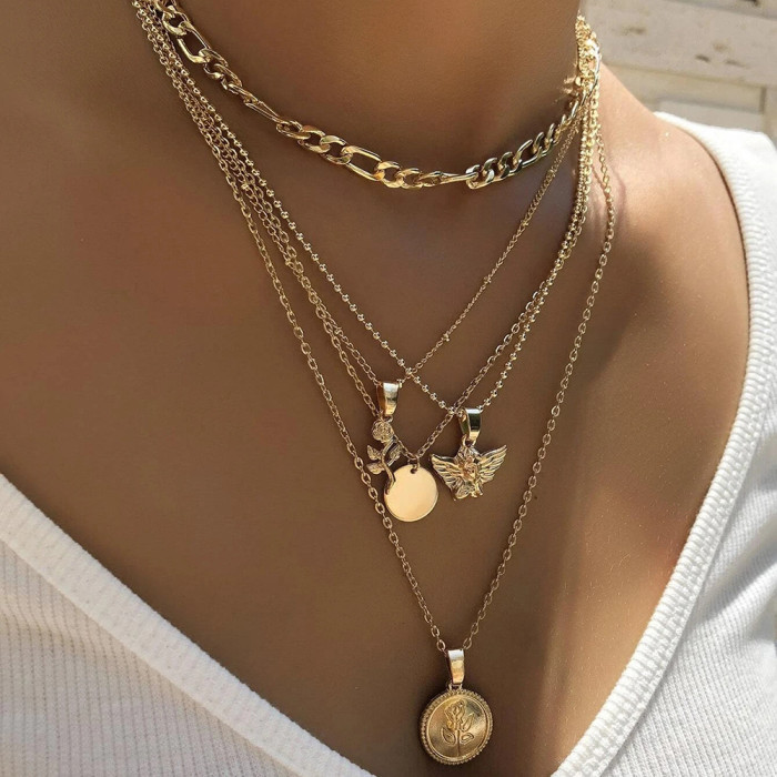 Geometric Fashion Angel Portrait Rose Flower Pendant Multi-Layer Women's Necklace Set Coin Necklace