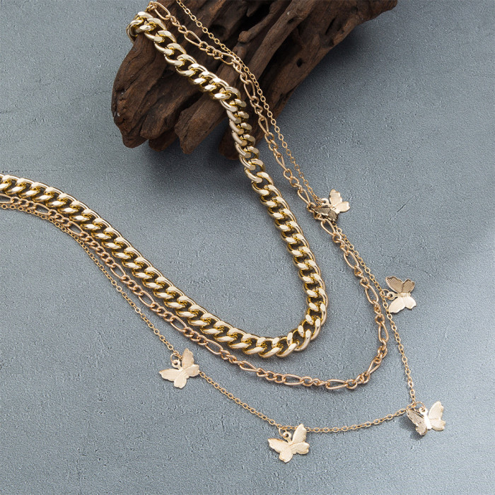 INS Multi-layer Metal Butterfly Necklace Fashion Thick Chain Necklace Internet Celebrity Same Style Collarbone Chain...