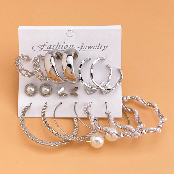 European and American Cross-Border Inlaid Pearl Women's Card Earrings Creative French Retro Gold Hoop Earrings Set of 6