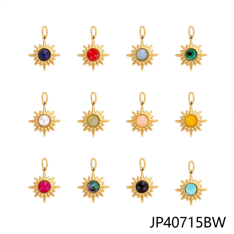 Fashion Colorful Faceted Natural Stone Red Vein Stone Classic DIY Eight-Pointed Star Element Stainless Steel Pendant Accessories Wholesale