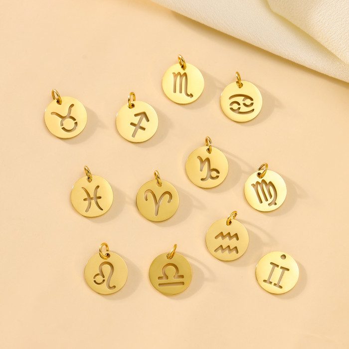 New Stainless Steel 12 Zodiac Hollow Round Pendant DIY Bracelet Necklace Small Charm Accessories Wholesale