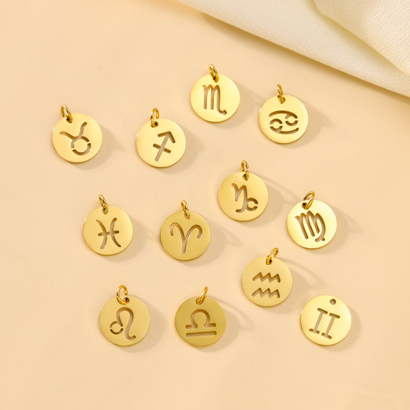 New Cross-Border Stainless Steel 12 Zodiac Hollow Round Pendant DIY Bracelet Necklace Small Charm Accessories Wholesale
