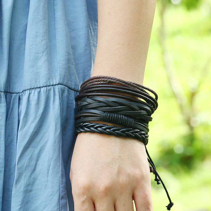 AliExpress Wish Cross-Border European and American Jewelry Multi-Layer Woven Cowhide Bracelet DIY Four-Piece Set Combination Leather Bracelet