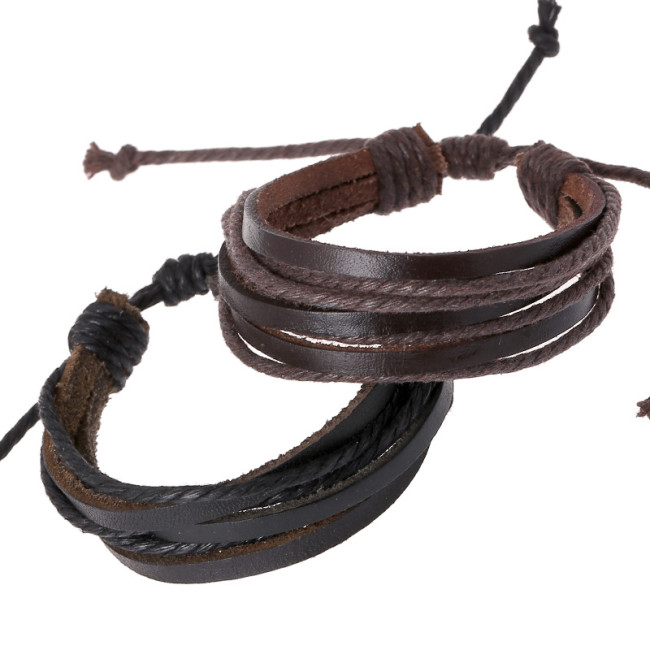 AliExpress Cross-Border Woven Leather Bracelet Hand Rope Promotional Gift Jewelry Vintage Hemp Rope Multi-Layer Genuine Leather Bracelet