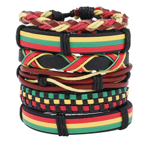 Cross-Border Hot Selling Jamaica Red Yellow Green Hand-Woven Leather Bracelet Hip Hop Street Dance Leather Jewelry