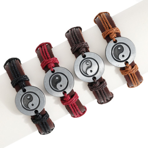 Cross-Border New Jewelry Simple Hand-Woven Bagua Cowhide Bracelet Vintage Alloy Yin Yang Tai Chi Bracelet Jewelry