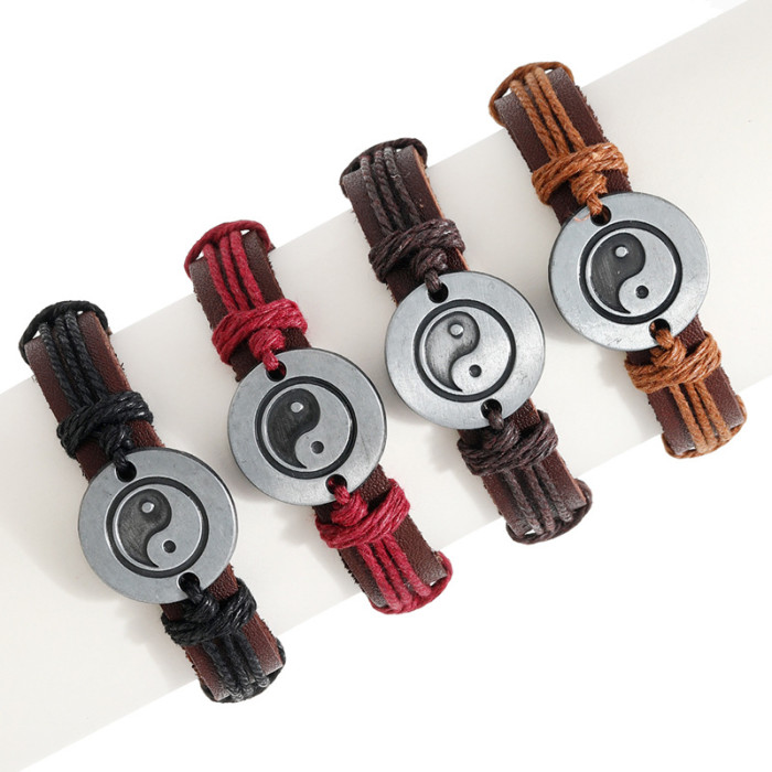 Cross-Border New Jewelry Simple Hand-Woven Bagua Cowhide Bracelet Vintage Alloy Yin Yang Tai Chi Bracelet Jewelry