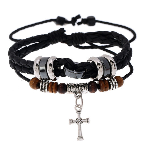 Minimalist Men's Multi-layer Beaded Leather Bracelet Trendy Korean and Japanese Style Couple Leather Rope Woven Bracelet Hand Rope Gift Giveaway