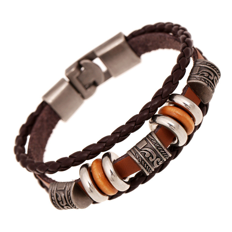 Cross-Border Hot-Selling Jewelry Simple Handmade Beaded Multi-Layer Leather Bracelet European and American Fashion Trendy Men's Wristband Jewelry