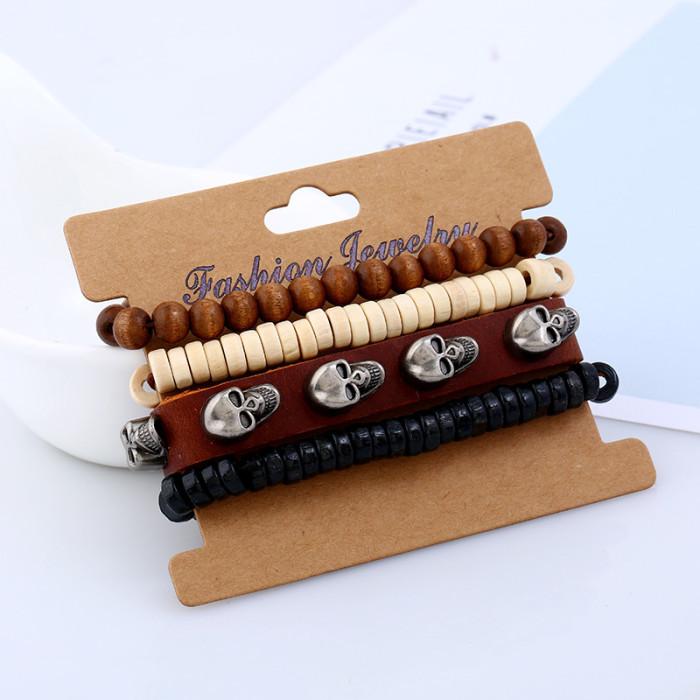 Factory Direct Sale European and American Style Simple Retro Woven Leather Bracelet Alloy Skull Genuine Leather Bracelet Multi-layer Set