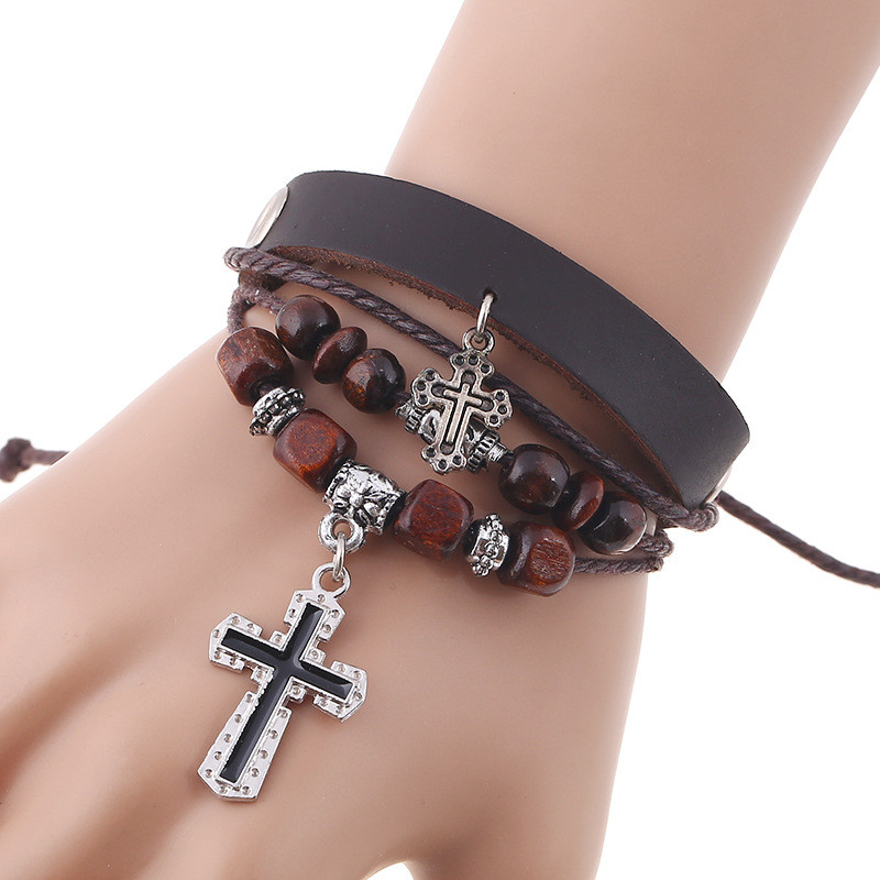 Cross-Border Jewelry Wholesale Personalized Beaded Multi-Layer Cowhide Bracelet Simple European and American Retro Jewelry Couple Leather Bracelet
