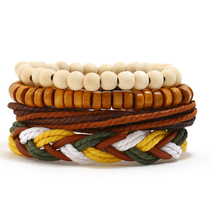 Factory Direct Sales Internet Celebrity Bracelet Retro Handmade Woven DIY Four-Piece Set Cowhide Bracelet Simple Hemp...