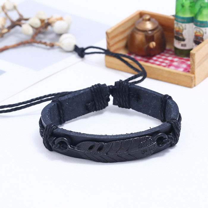 Punk Manufacturer Direct Supply Alloy Feather Black Plated Faux Leather Bracelet Cross-Border Stable Supply Woven Unisex Student Bracelet