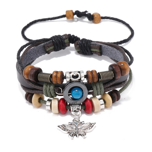 European and American Hot-Selling Accessories Personalized Beaded Cowhide Bracelet Multi-Layer Woven Vintage Jewelry Butterfly Pendant Leather Bracelet