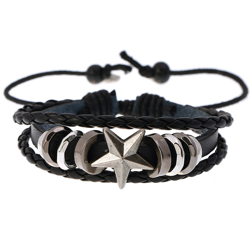 Factory Direct Supply Five-Pointed Star Beaded Cowhide Bracelet Personalized Woven Student Accessories Adjustable Leather Bracelet