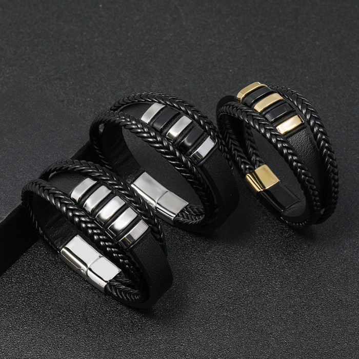 New European and American Style Hot Selling Personality Versatile Men's Leather Bracelet Stainless Steel Braided Punk PU Wristband Cross-Border Jewelry