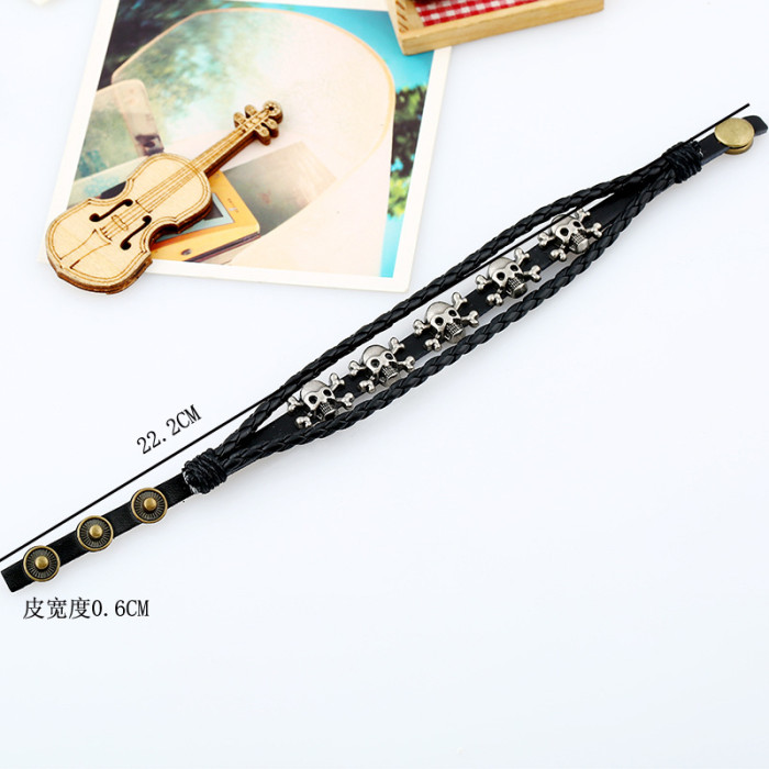 Fashion Trendy Accessories Simple Woven Multi-layer Leather Bracelet Simple Skull Head Bracelet Customization