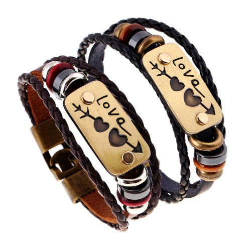 Korean Style Student Genuine Leather Couple Bracelet Woven Couple Women's Bracelet One Arrow Through the Heart Valentine's Day Gift Cowhide Bracelet