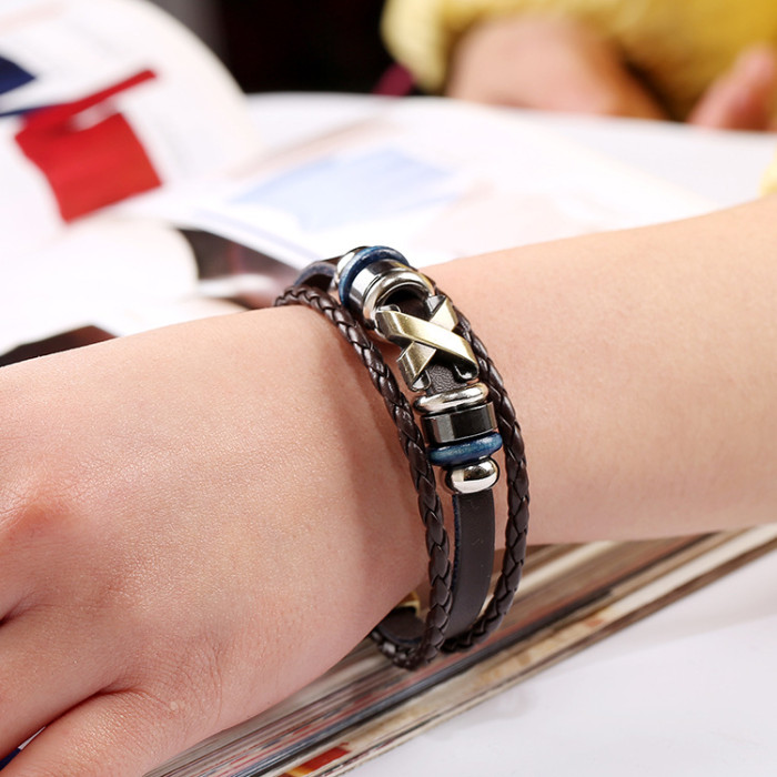 Cross-Border Jewelry Wholesale Simple Beaded Cowhide Bracelet Personality Versatile X-Stud Unisex Hand Accessories Trendy Leather Bracelet