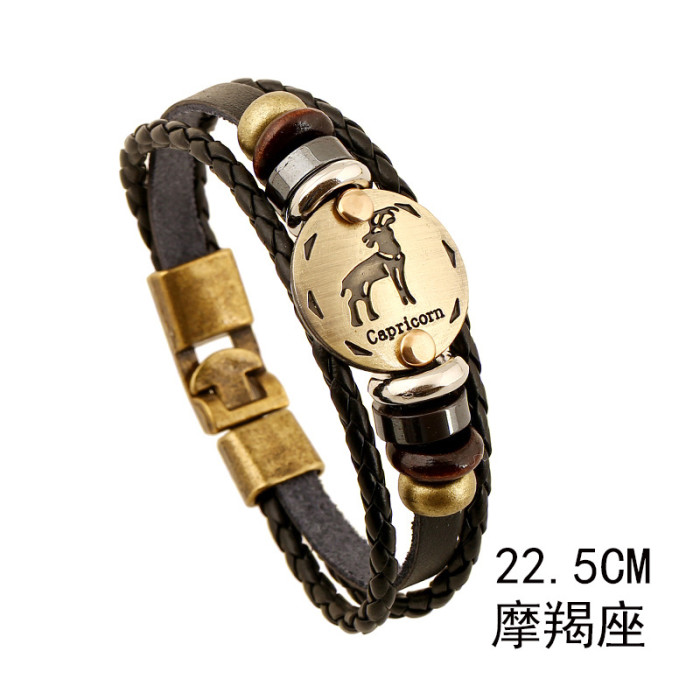 Hot-Selling Jewelry Twelve Zodiac Leather Bracelet Simple Multi-Layer Retro Woven Couple Genuine Leather Bracelet Bangle