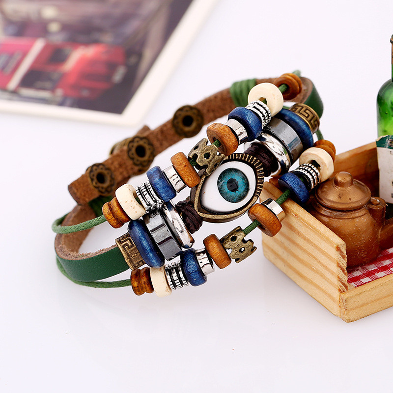 Cross-Border Trendy Jewelry New Beaded Eye Cowhide Bracelet Adjustable Pull Couple Leather Bracelet European and American Jewelry