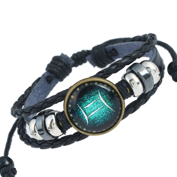 European and American Zodiac Bracelet Handmade Woven Beaded Vintage Cowhide Zodiac Bracelet Cross-Border Source Jewelry