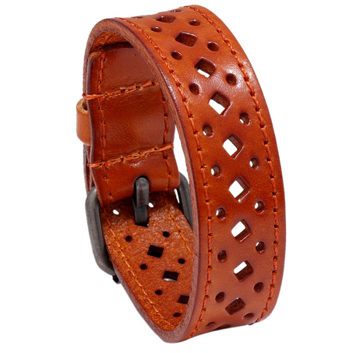 Hot-Selling Popular New Style Cowhide Bracelet Vintage Hollow Men's Wide Leather Bracelet Personalized Cycling Access...