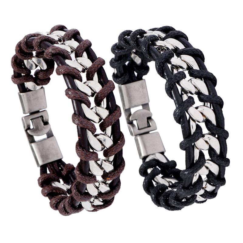 Cross-Border Hot-Selling Accessories European and American Men's Leather Braided Bracelet Personality Punk Style Chain Bracelet Trendy Jewelry